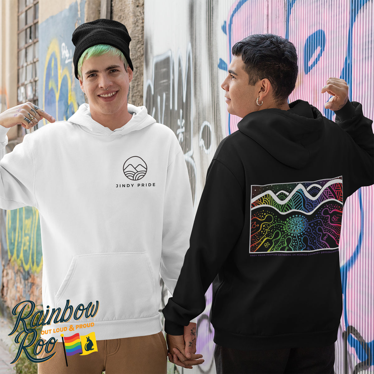 Jindy Pride Logo & Ngarigo Country Art Hoodie (CLB001) - Black Colour - XL Size - RainbowRoo